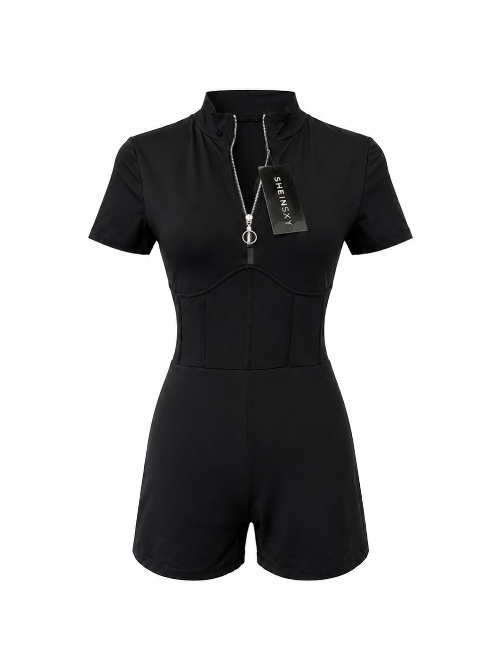 SHEIN Black Short Sleeve Zip Front Romper with Mock Neck
